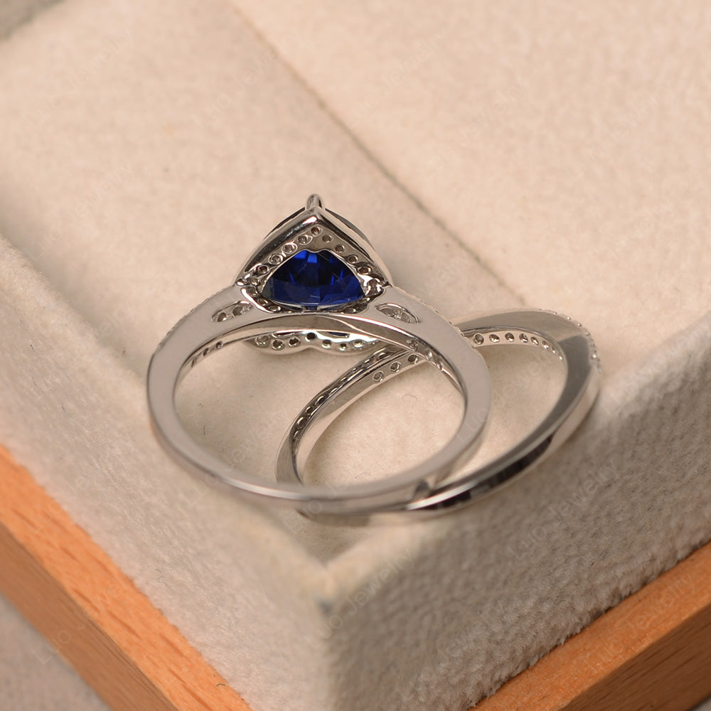 Heart Shaped Lab Sapphire Halo Bridal Set Ring - LUO Jewelry
