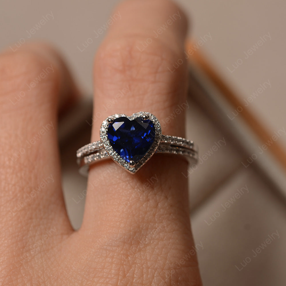 Heart Shaped Lab Sapphire Halo Bridal Set Ring - LUO Jewelry