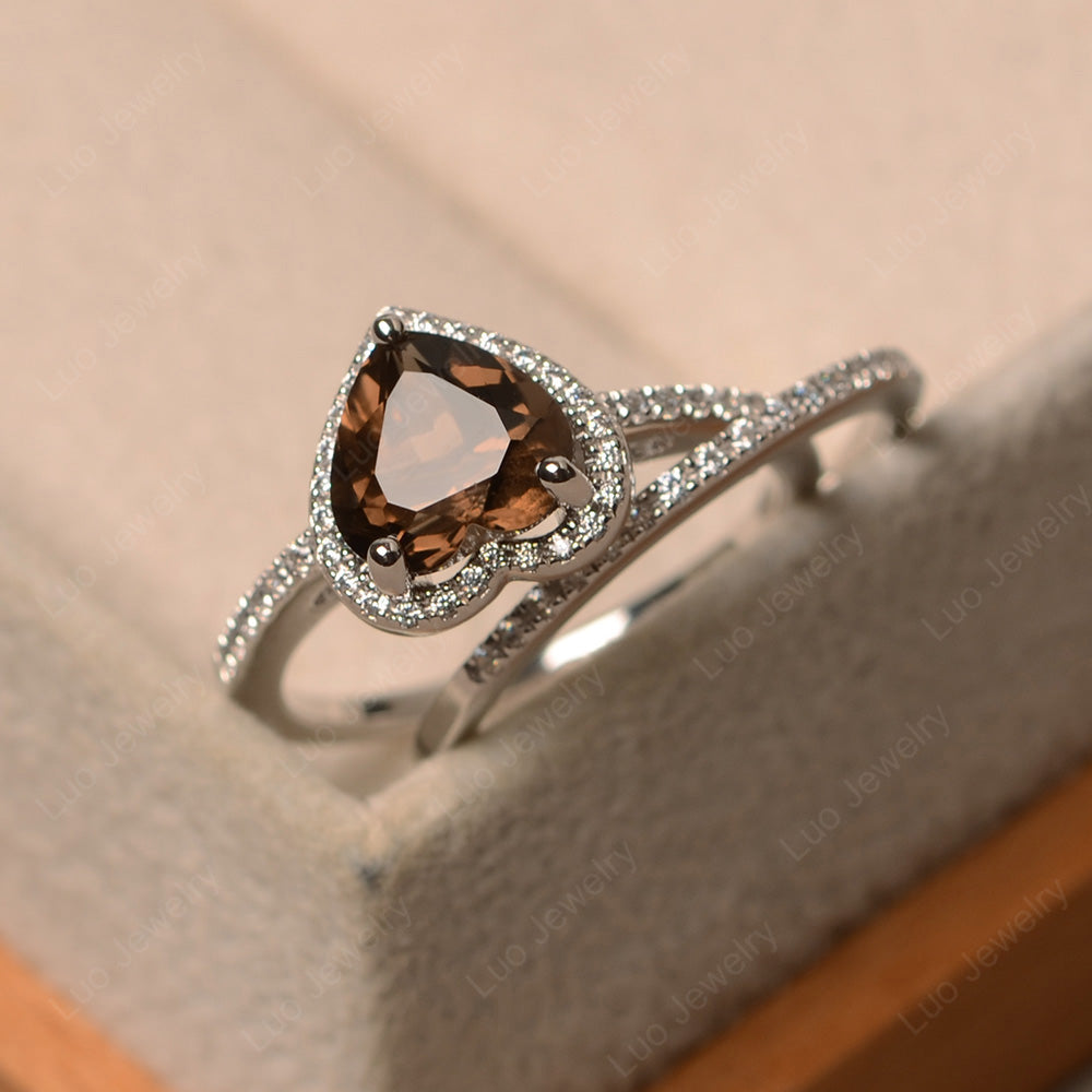 Heart Shaped Smoky Quartz  Halo Bridal Set Ring - LUO Jewelry
