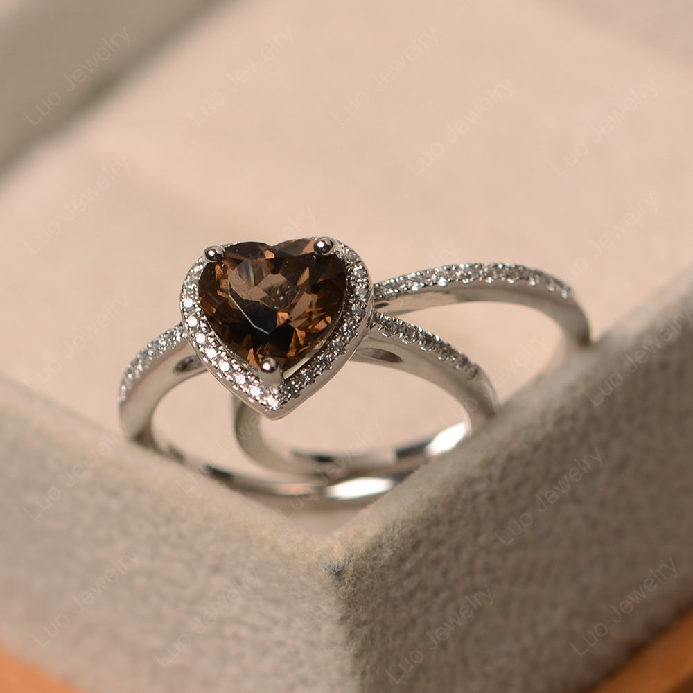 Heart Shaped Smoky Quartz  Halo Bridal Set Ring - LUO Jewelry