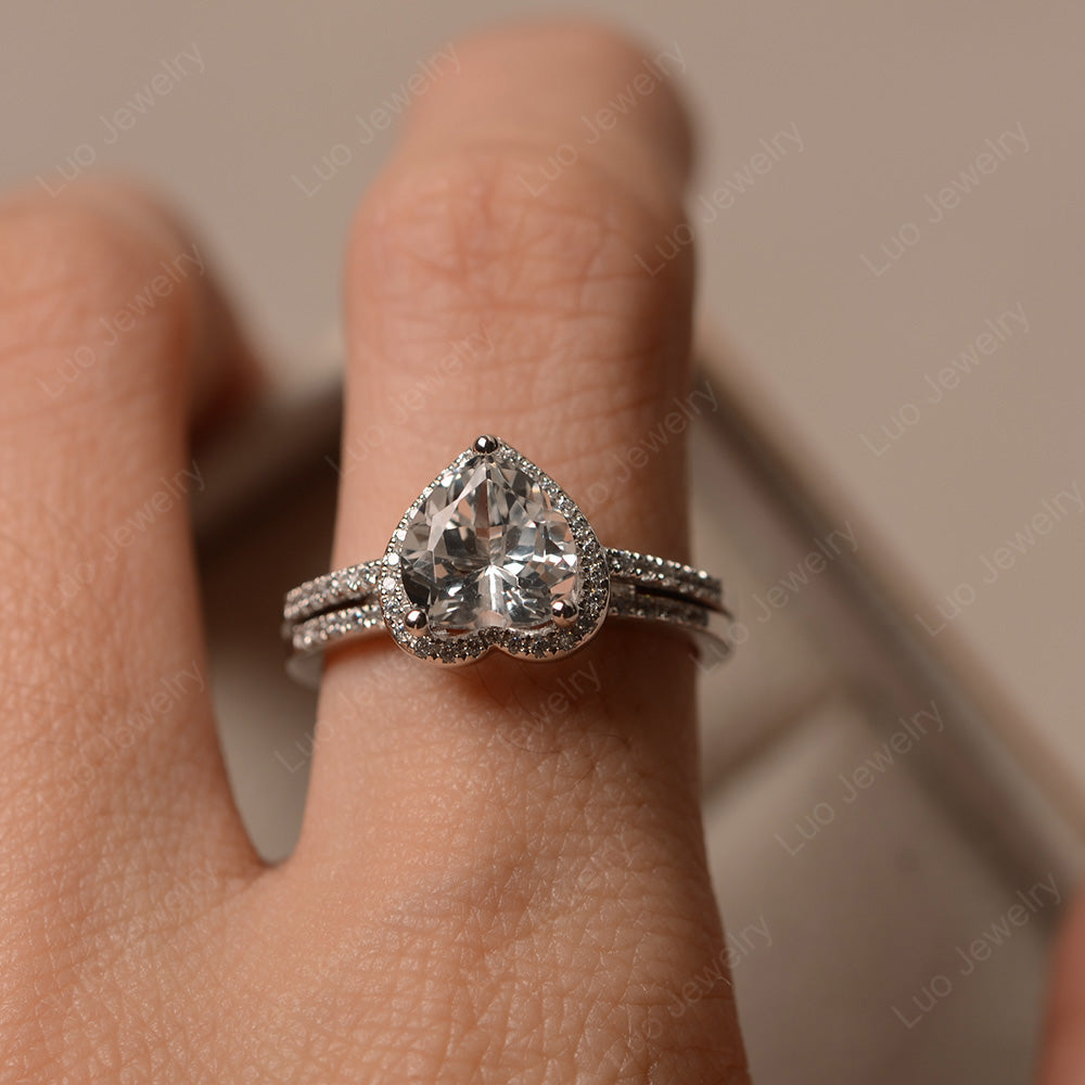 Heart Shaped White Topaz Halo Bridal Set Ring - LUO Jewelry