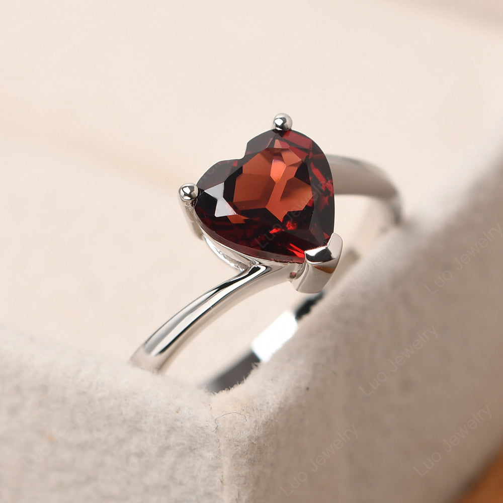 Garnet Ring Heart Solitaire Ring White Gold - LUO Jewelry