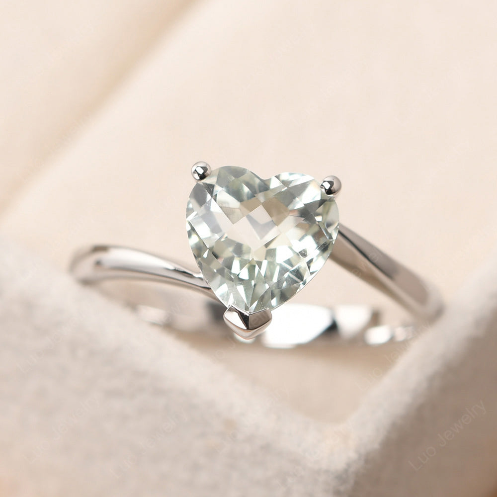 Green Amethyst Ring Heart Solitaire Ring White Gold - LUO Jewelry