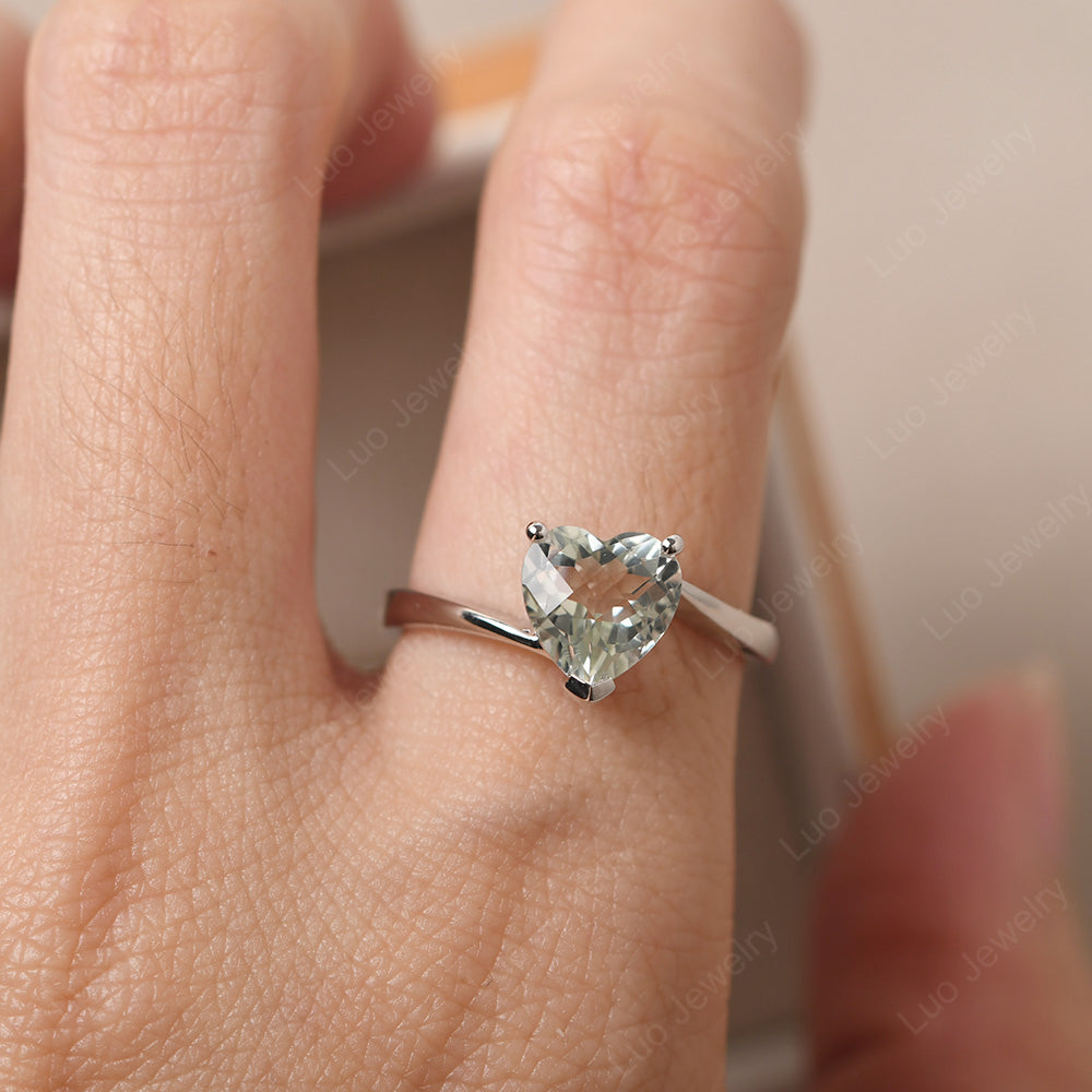 Green Amethyst Ring Heart Solitaire Ring White Gold - LUO Jewelry