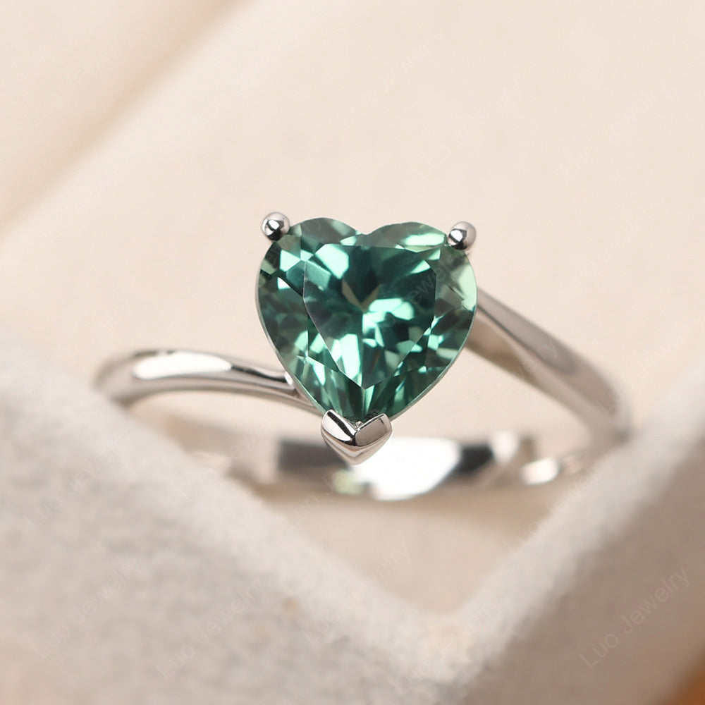 Green Sapphire Ring Heart Solitaire Ring White Gold - LUO Jewelry