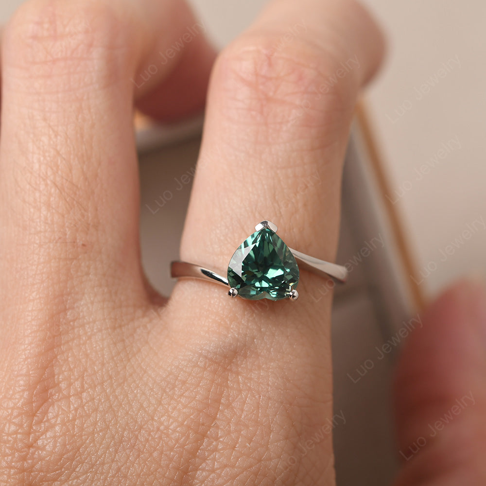 Green Sapphire Ring Heart Solitaire Ring White Gold - LUO Jewelry