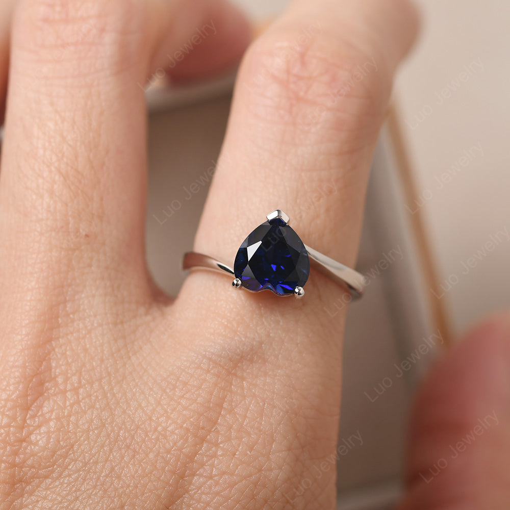 Lab Sapphire Ring Heart Solitaire Ring White Gold - LUO Jewelry