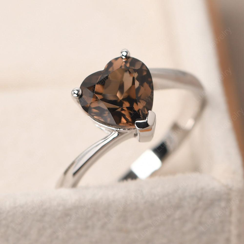 Smoky Quartz  Ring Heart Solitaire Ring White Gold - LUO Jewelry