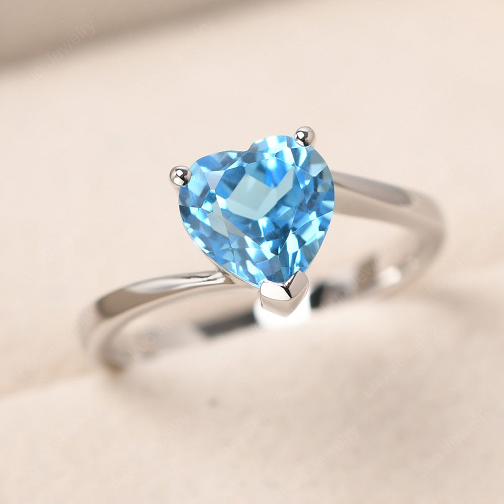 Swiss Blue Topaz Ring Heart Solitaire Ring White Gold - LUO Jewelry