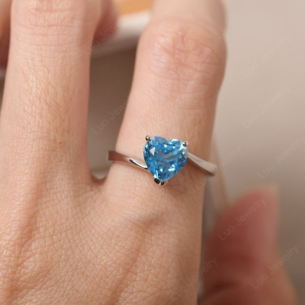 Swiss Blue Topaz Ring Heart Solitaire Ring White Gold - LUO Jewelry