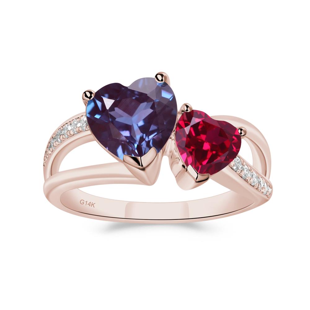 Heart Shaped Lab Created Alexandrite and Ruby Toi Et Moi Ring - LUO Jewelry #metal_14k rose gold