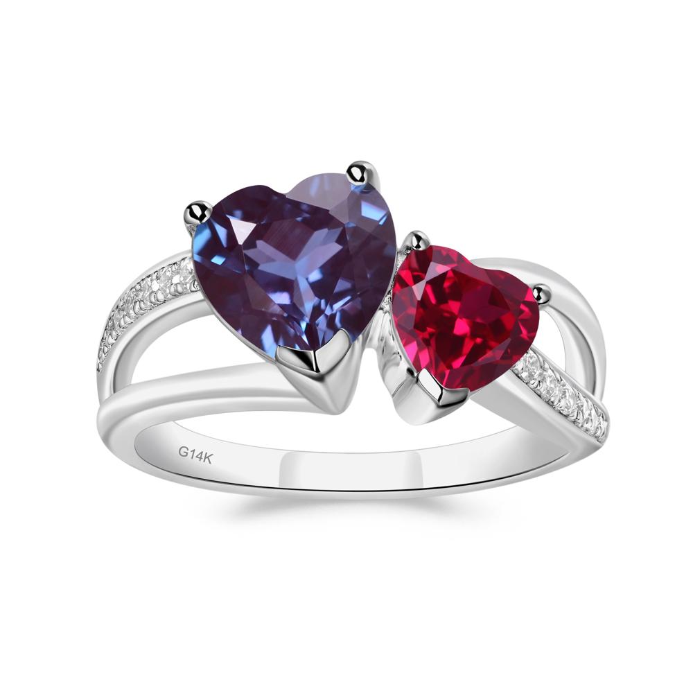 Heart Shaped Lab Created Alexandrite and Ruby Toi Et Moi Ring - LUO Jewelry #metal_14k white gold