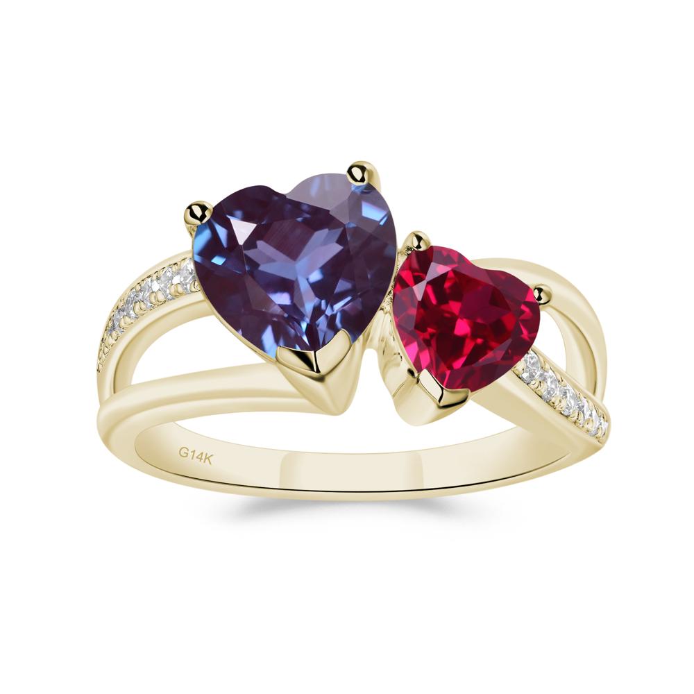 Heart Shaped Lab Created Alexandrite and Ruby Toi Et Moi Ring - LUO Jewelry #metal_14k yellow gold