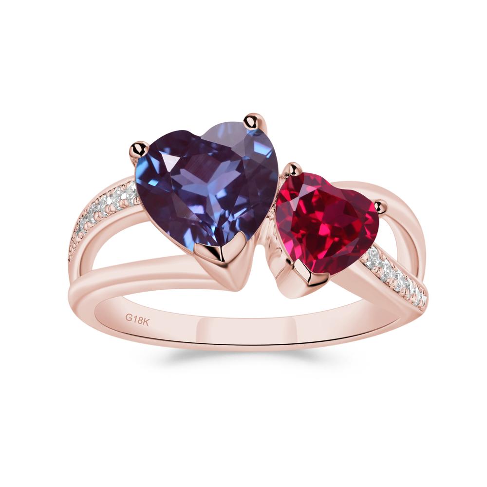 Heart Shaped Lab Created Alexandrite and Ruby Toi Et Moi Ring - LUO Jewelry #metal_18k rose gold