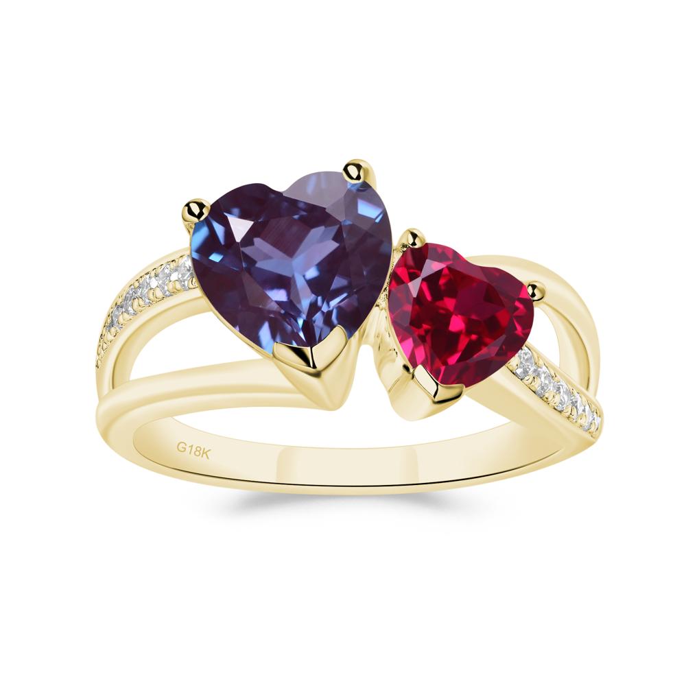Heart Shaped Lab Created Alexandrite and Ruby Toi Et Moi Ring - LUO Jewelry #metal_18k yellow gold