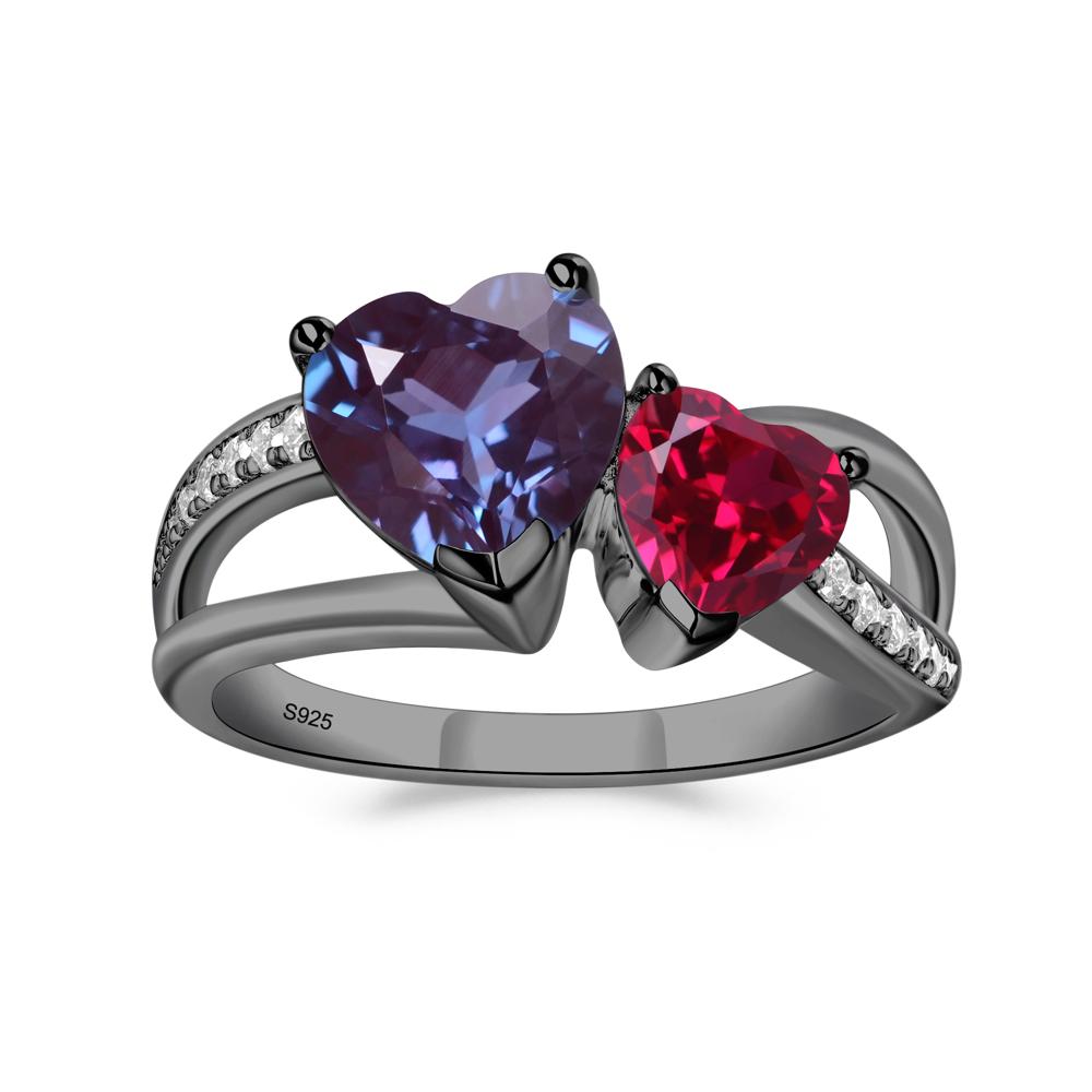 Heart Shaped Lab Created Alexandrite and Ruby Toi Et Moi Ring - LUO Jewelry #metal_black finish sterling silver
