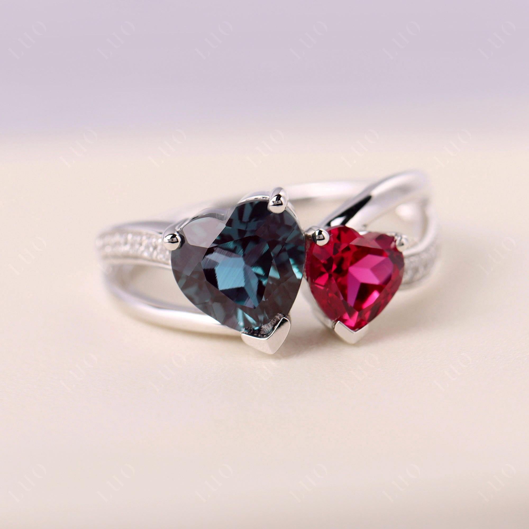 Heart Shaped Lab Created Alexandrite and Ruby Toi Et Moi Ring - LUO Jewelry