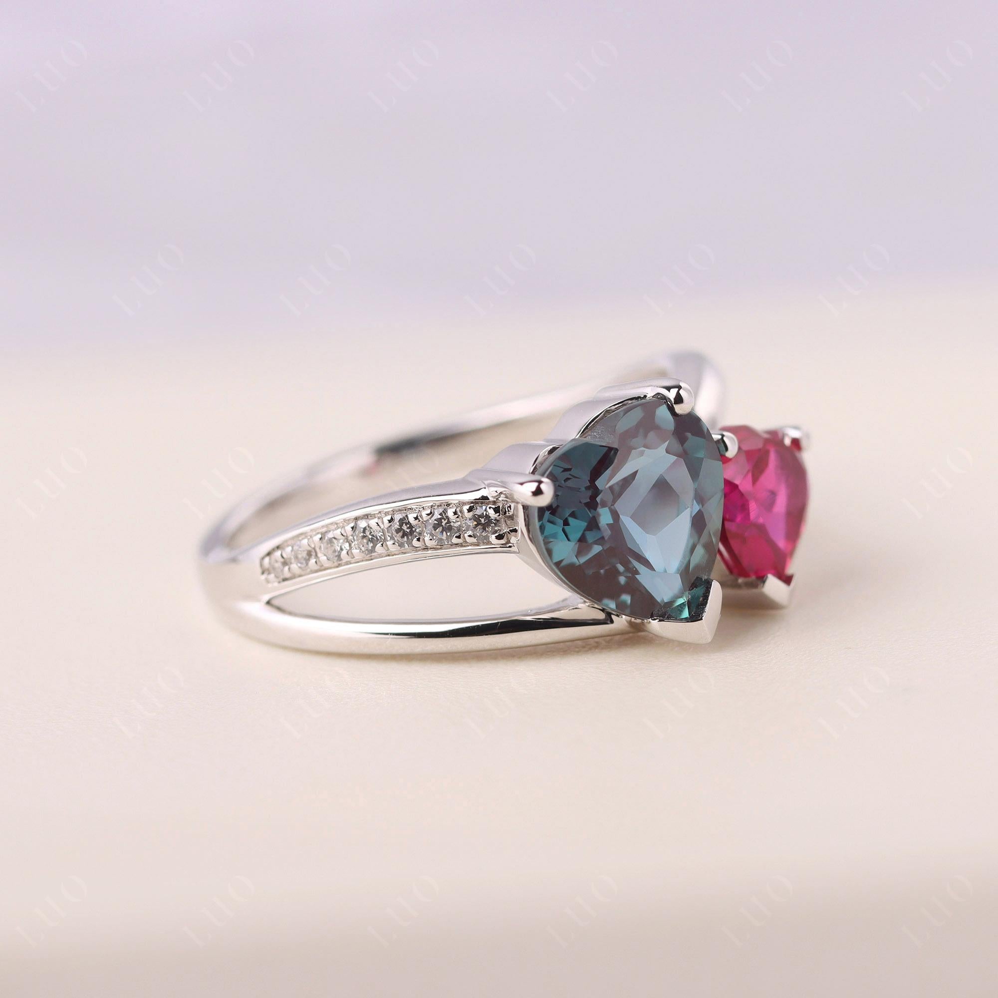 Heart Shaped Lab Created Alexandrite and Ruby Toi Et Moi Ring - LUO Jewelry