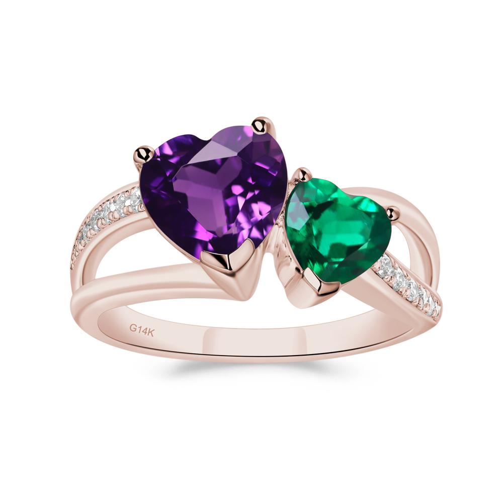 Heart Shaped Amethyst and Emerald Toi Et Moi Ring - LUO Jewelry #metal_14k rose gold