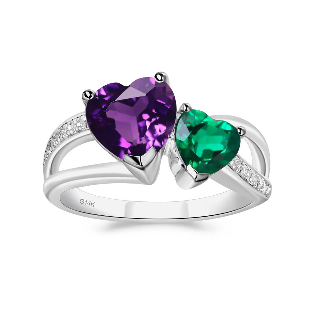 Heart Shaped Amethyst and Emerald Toi Et Moi Ring - LUO Jewelry #metal_14k white gold