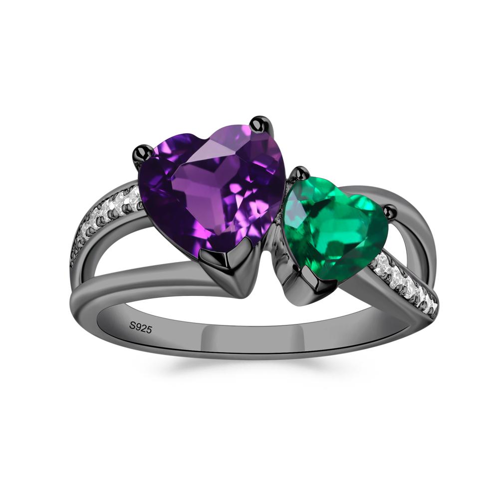 Heart Shaped Amethyst and Emerald Toi Et Moi Ring - LUO Jewelry #metal_black finish sterling silver