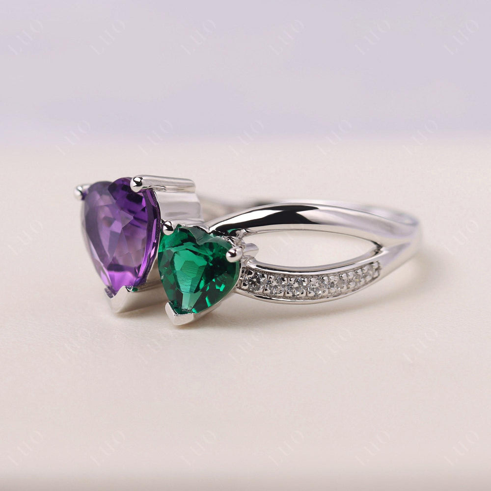 Heart Shaped Amethyst and Lab Emerald Toi Et Moi Ring