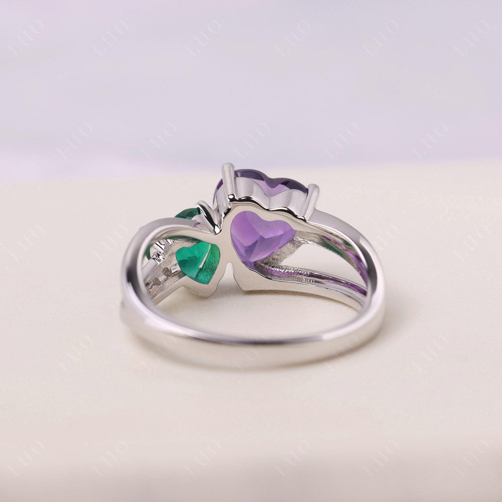 Heart Shaped Amethyst and Lab Emerald Toi Et Moi Ring