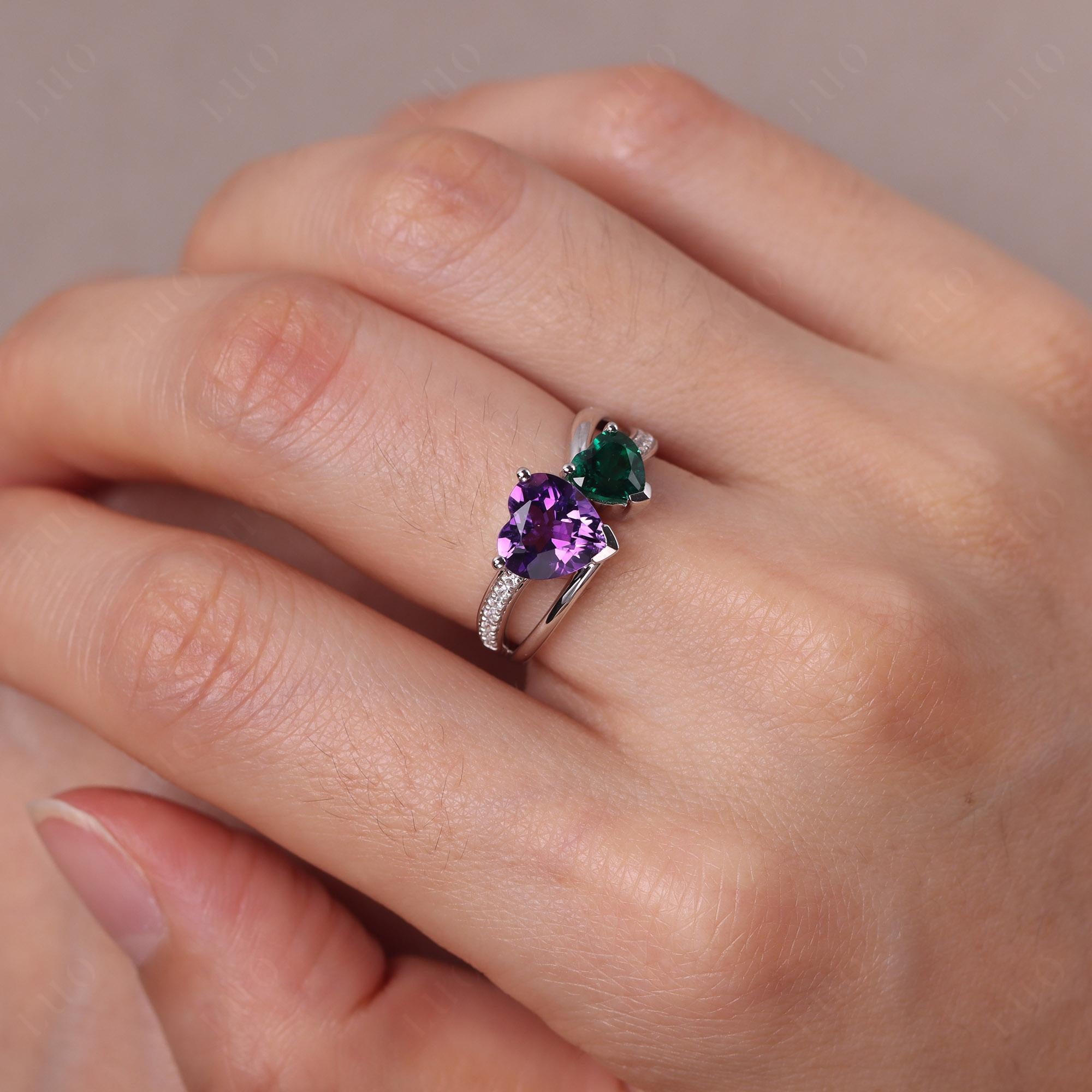 Heart Shaped Amethyst and Emerald Toi Et Moi Ring - LUO Jewelry