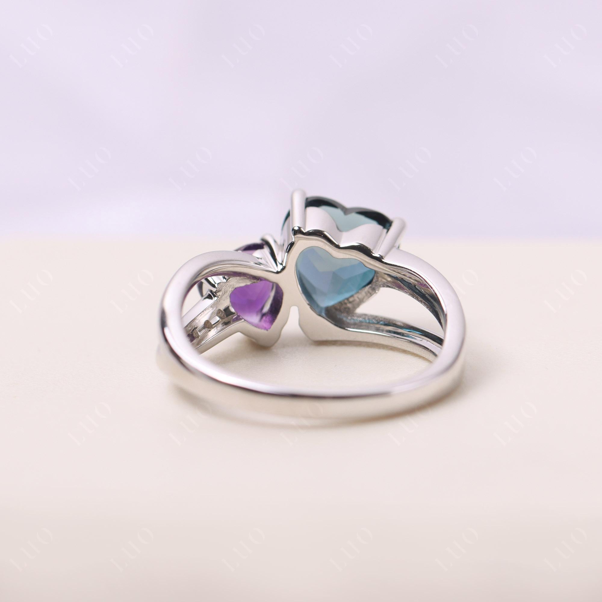 Heart Shaped Amethyst and London Blue Topaz Toi Et Moi Ring - LUO Jewelry