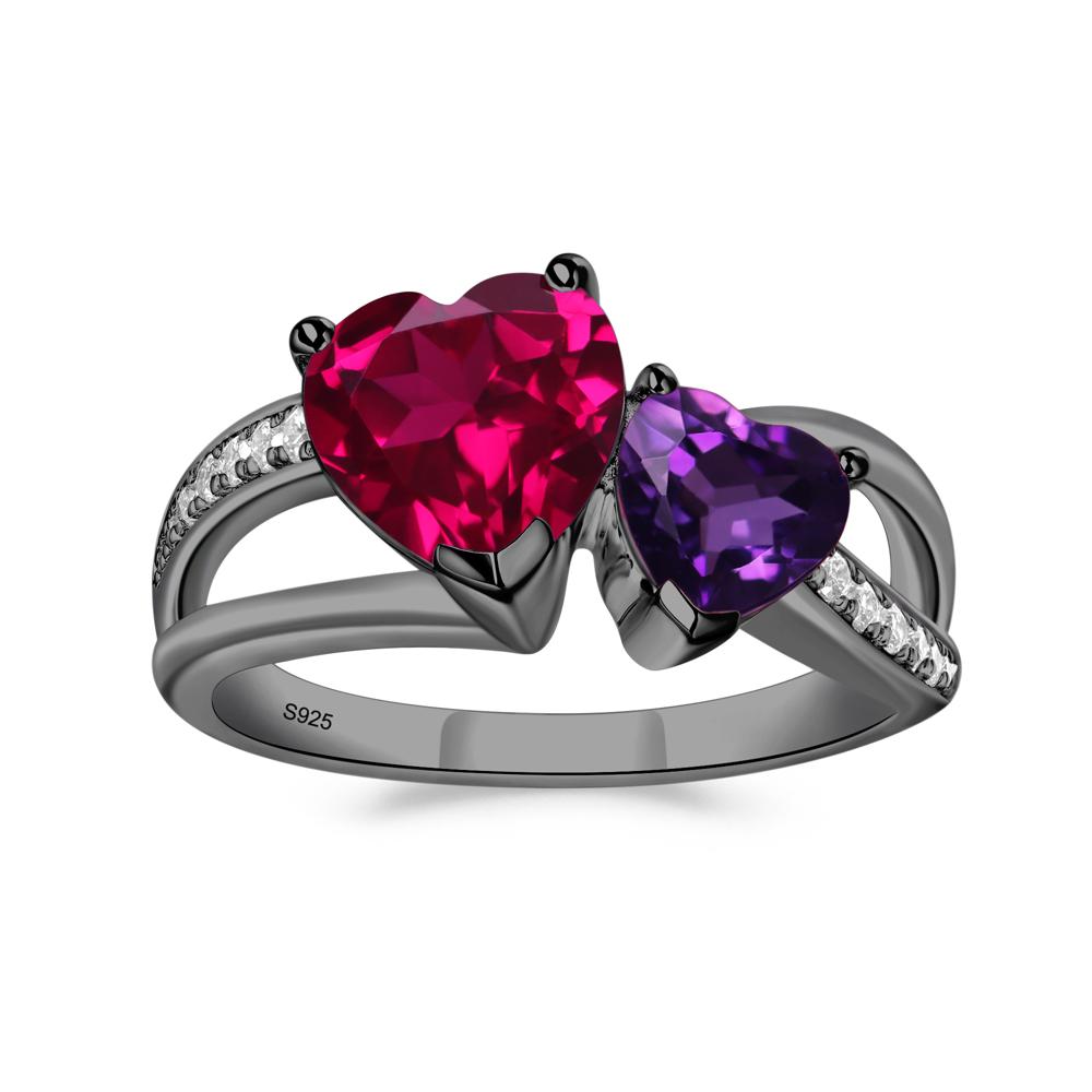 Heart Shaped Amethyst and Ruby Toi Et Moi Ring - LUO Jewelry #metal_black finish sterling silver