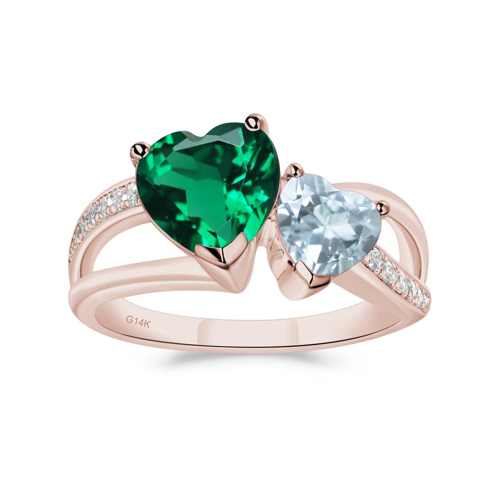 Heart Shaped Aquamarine and Emerald Toi Et Moi Ring - LUO Jewelry #metal_14k rose gold