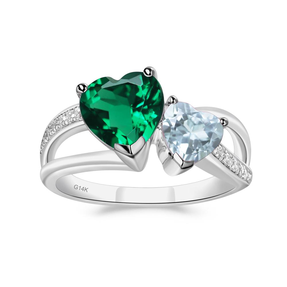 Heart Shaped Aquamarine and Emerald Toi Et Moi Ring - LUO Jewelry #metal_14k white gold