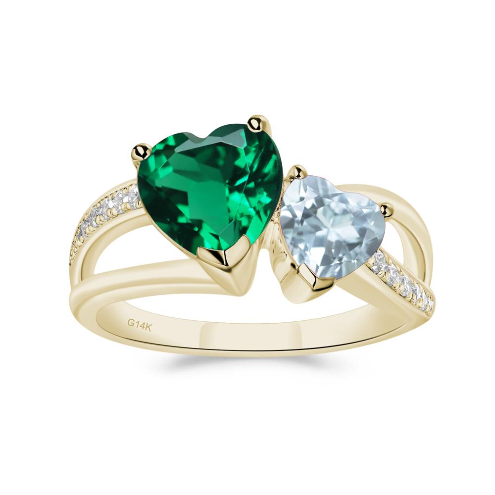 Heart Shaped Aquamarine and Emerald Toi Et Moi Ring - LUO Jewelry #metal_14k yellow gold