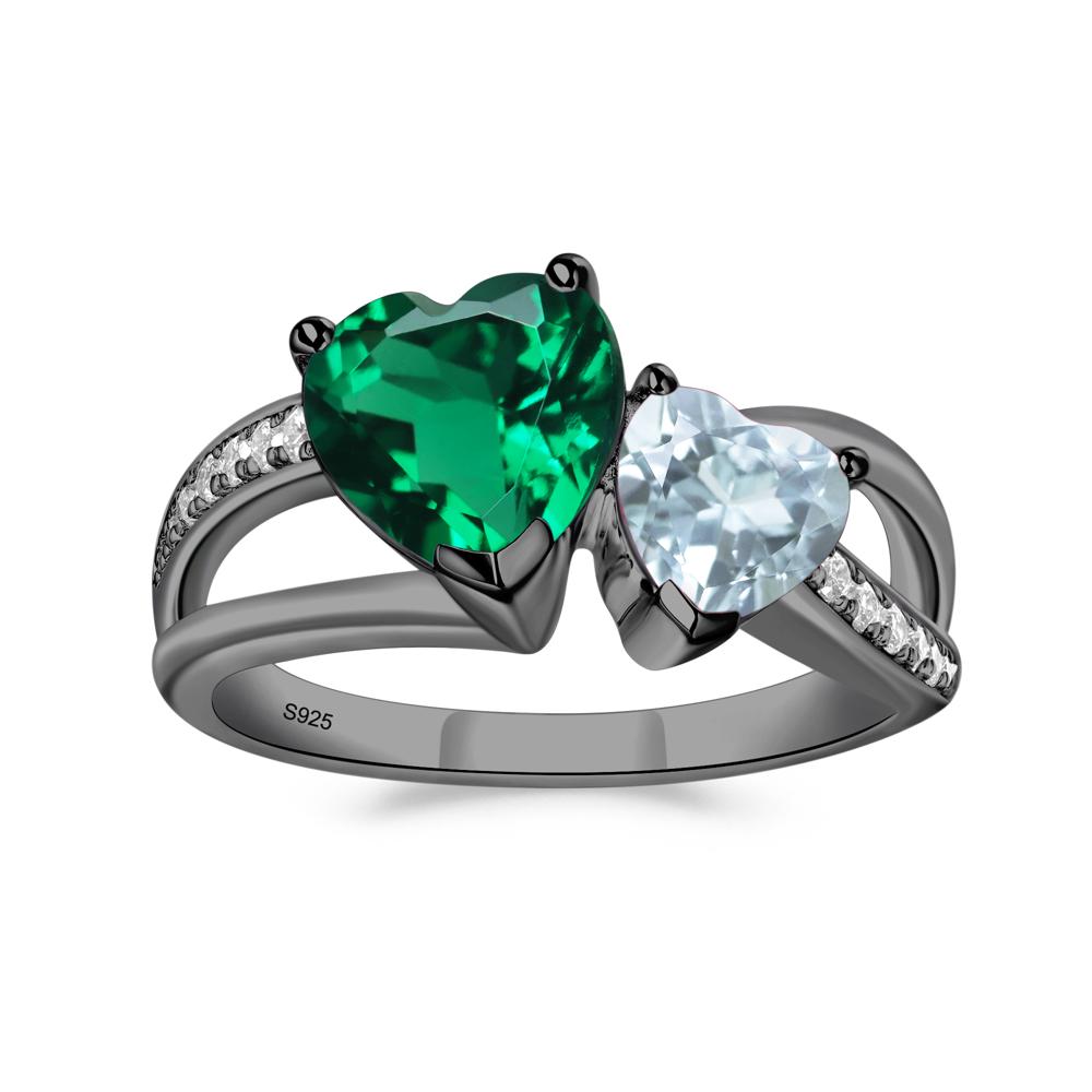 Heart Shaped Aquamarine and Emerald Toi Et Moi Ring - LUO Jewelry #metal_black finish sterling silver