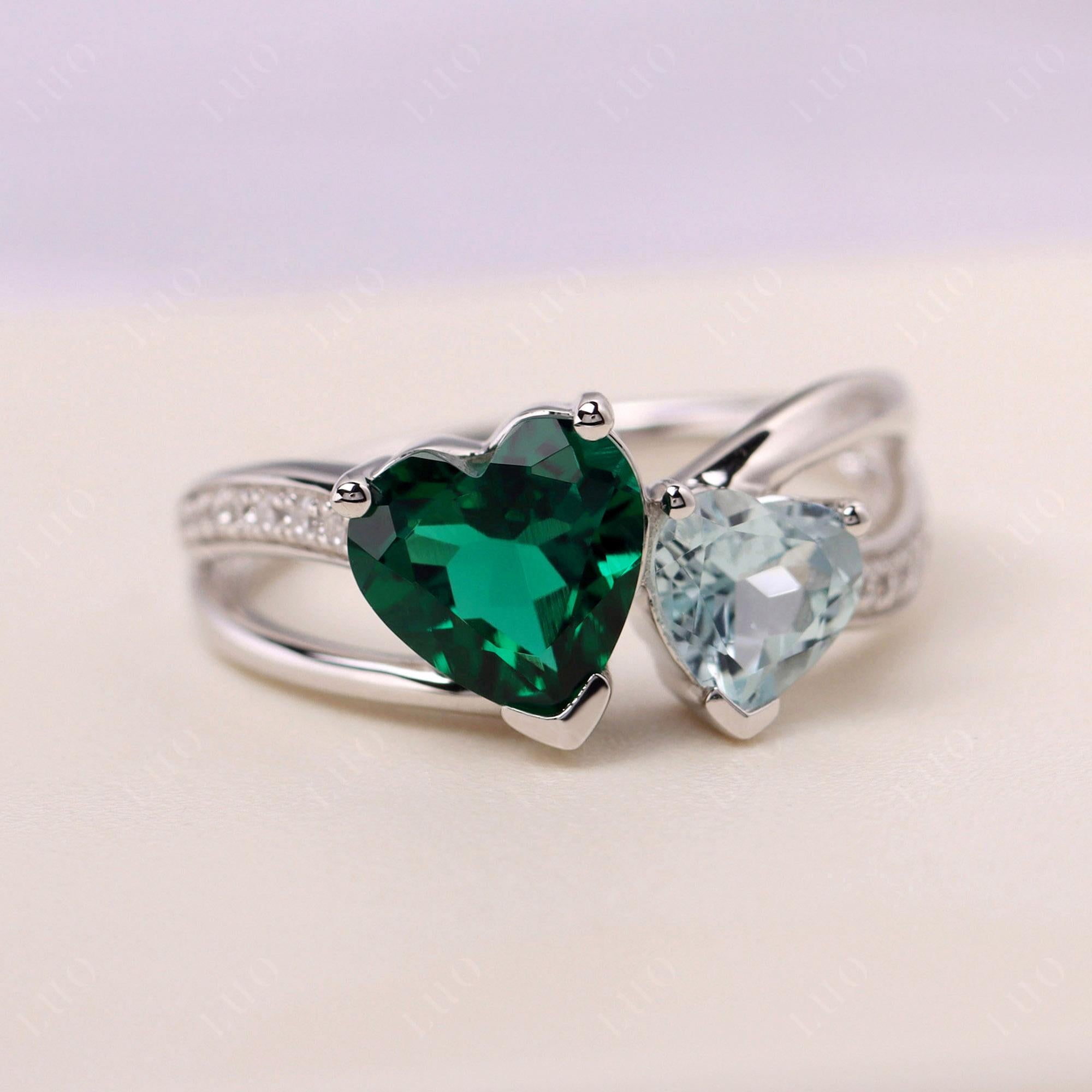 Heart Shaped Aquamarine and Emerald Toi Et Moi Ring - LUO Jewelry