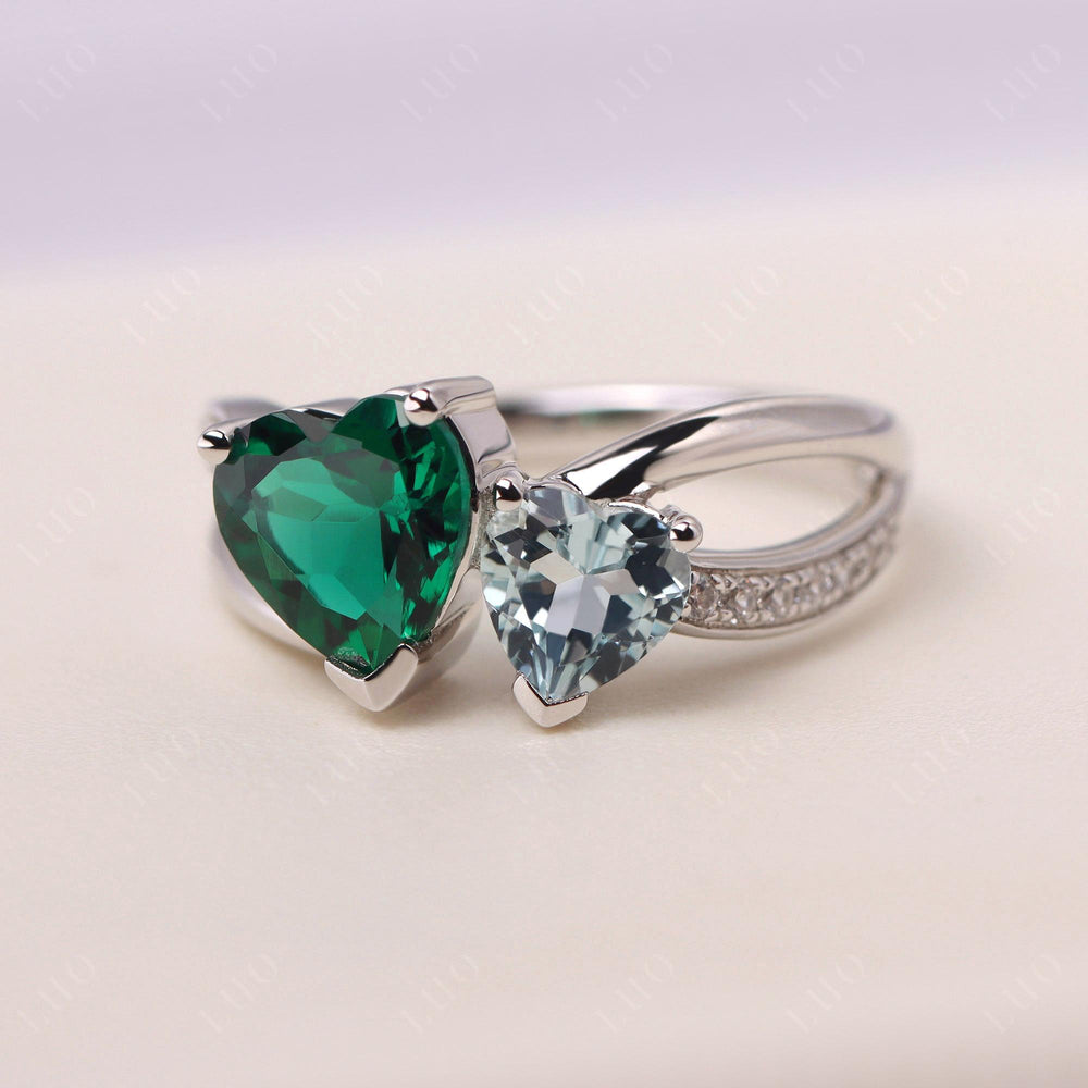 Heart Shaped Aquamarine and Lab Emerald Toi Et Moi Ring