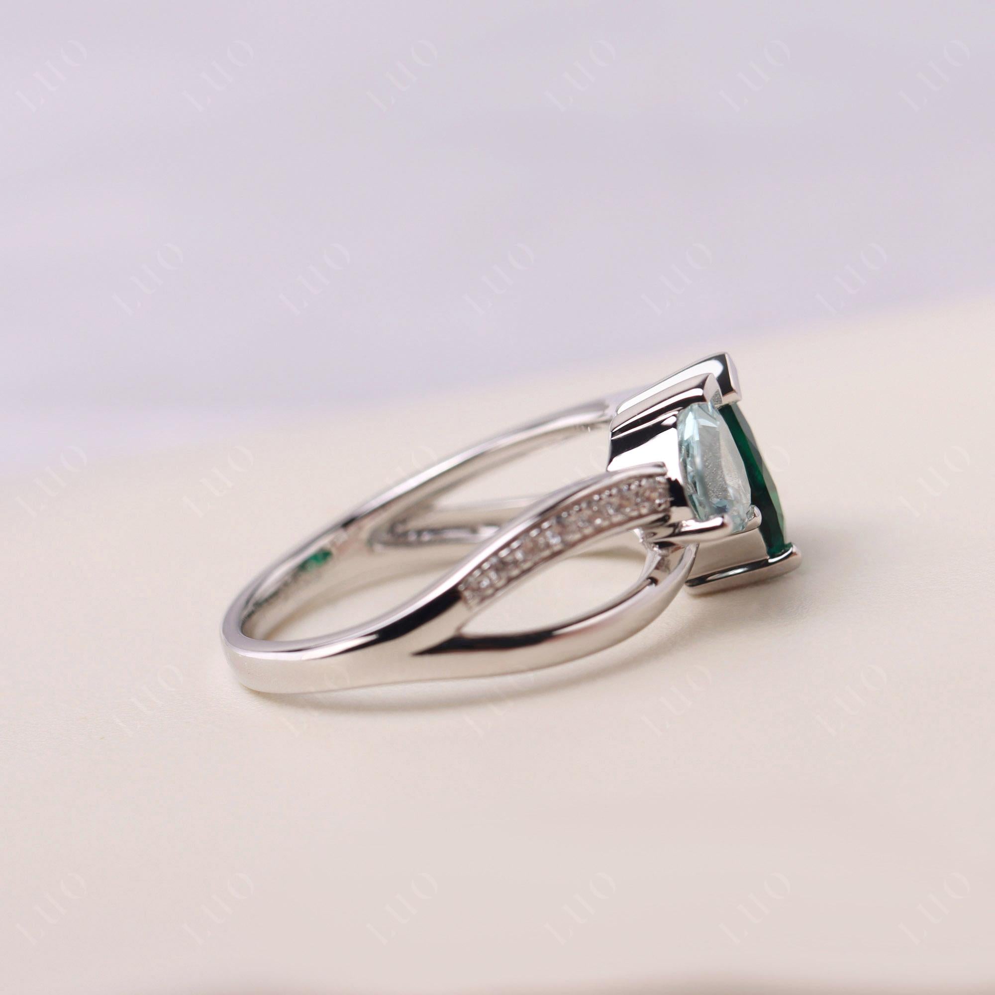 Heart Shaped Aquamarine and Emerald Toi Et Moi Ring - LUO Jewelry