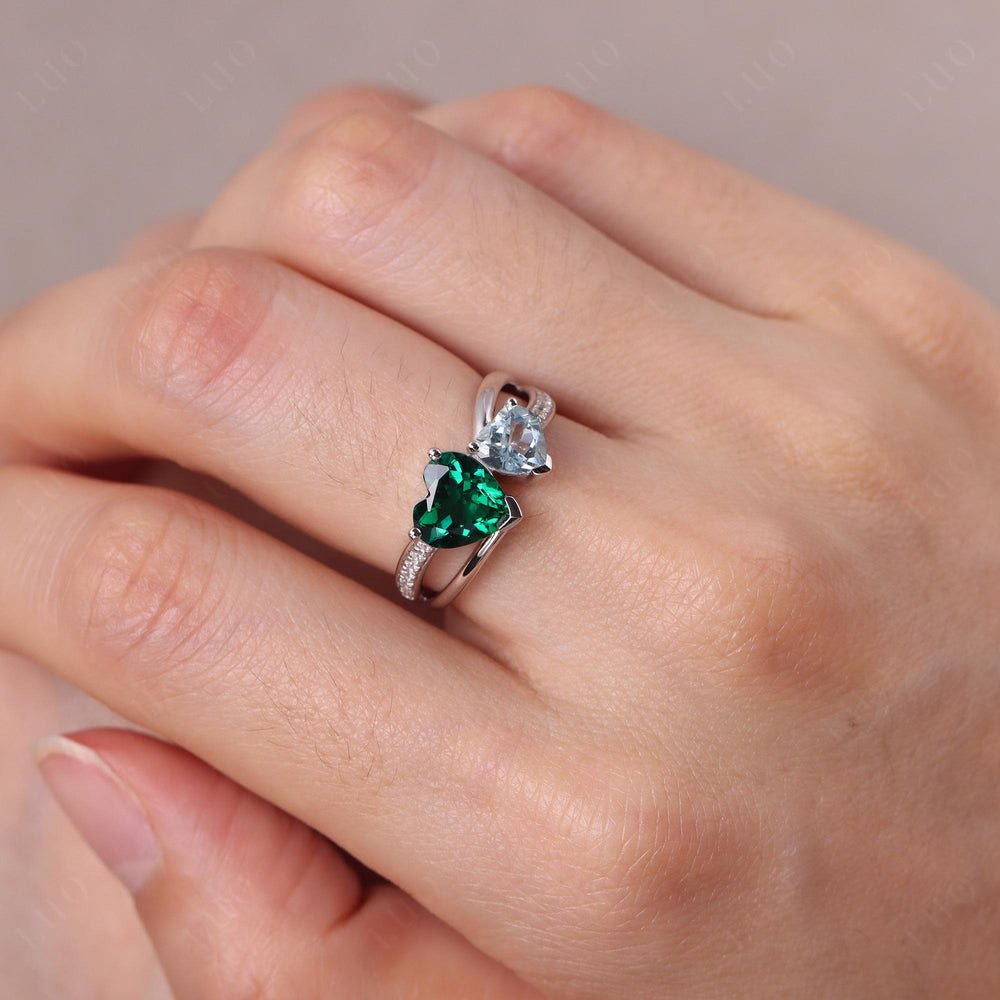 Heart Shaped Aquamarine and Lab Emerald Toi Et Moi Ring