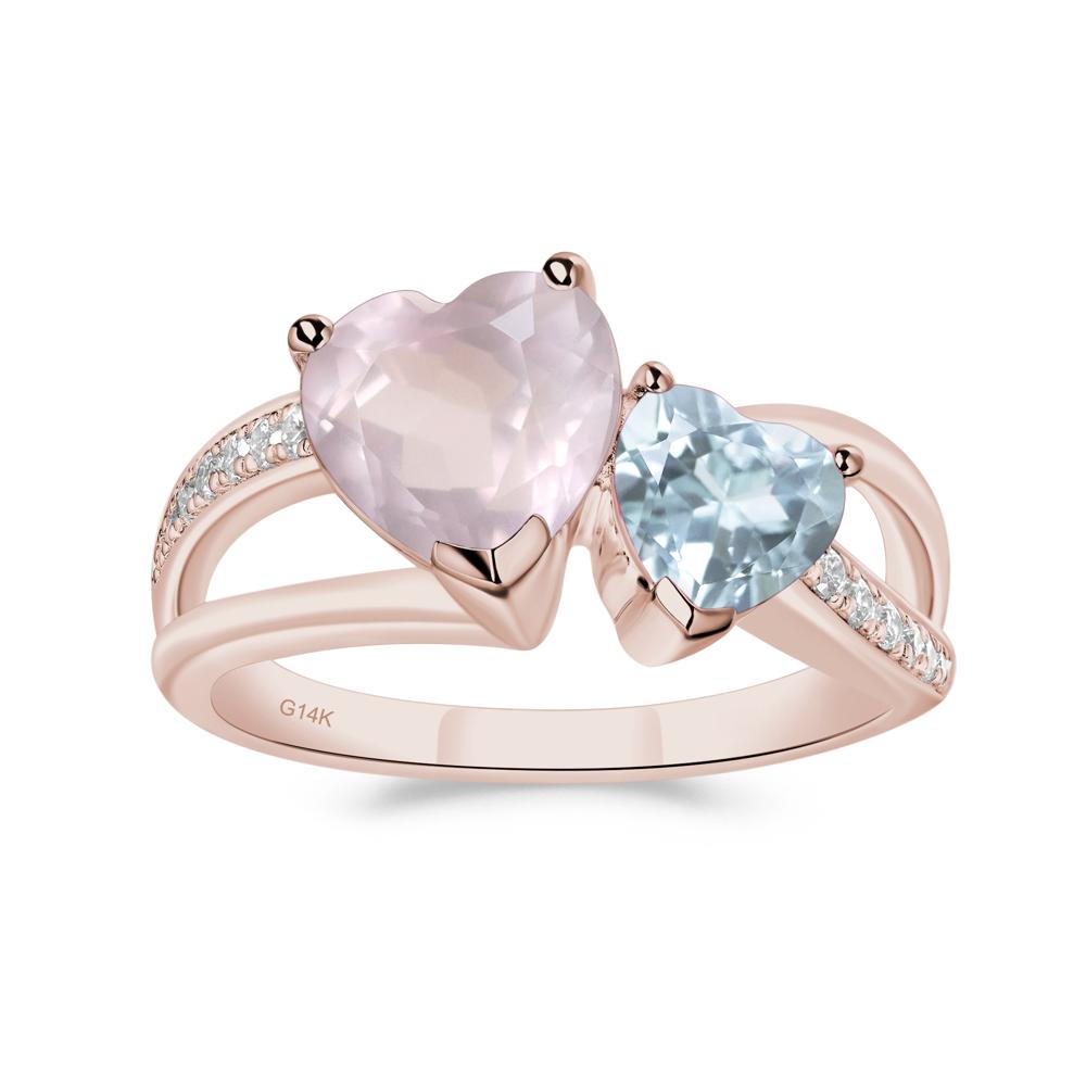 Heart Shaped Aquamarine and Rose Quartz Toi Et Moi Ring - LUO Jewelry #metal_14k rose gold