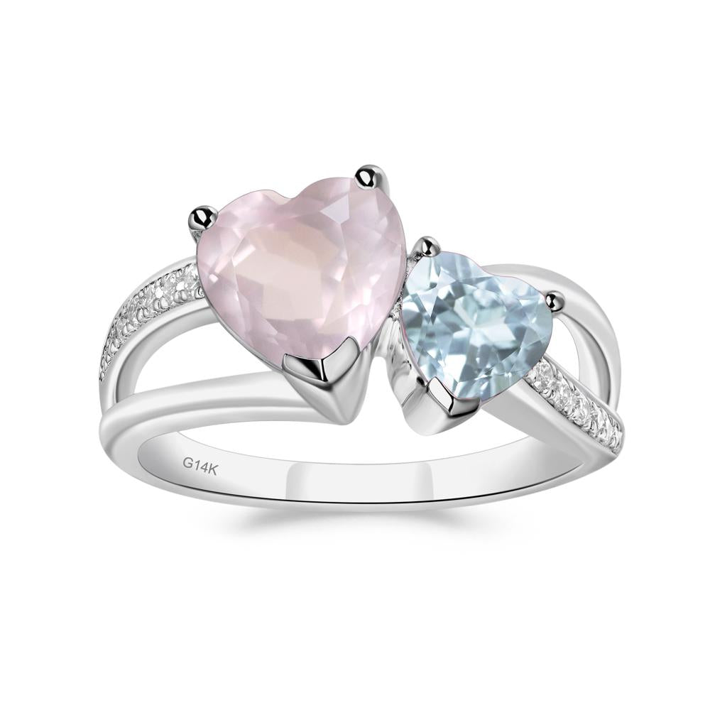 Heart Shaped Aquamarine and Rose Quartz Toi Et Moi Ring - LUO Jewelry #metal_14k white gold