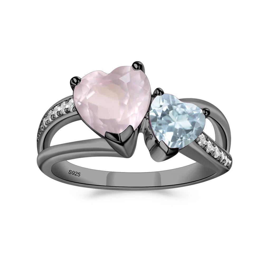 Heart Shaped Aquamarine and Rose Quartz Toi Et Moi Ring - LUO Jewelry #metal_black finish sterling silver