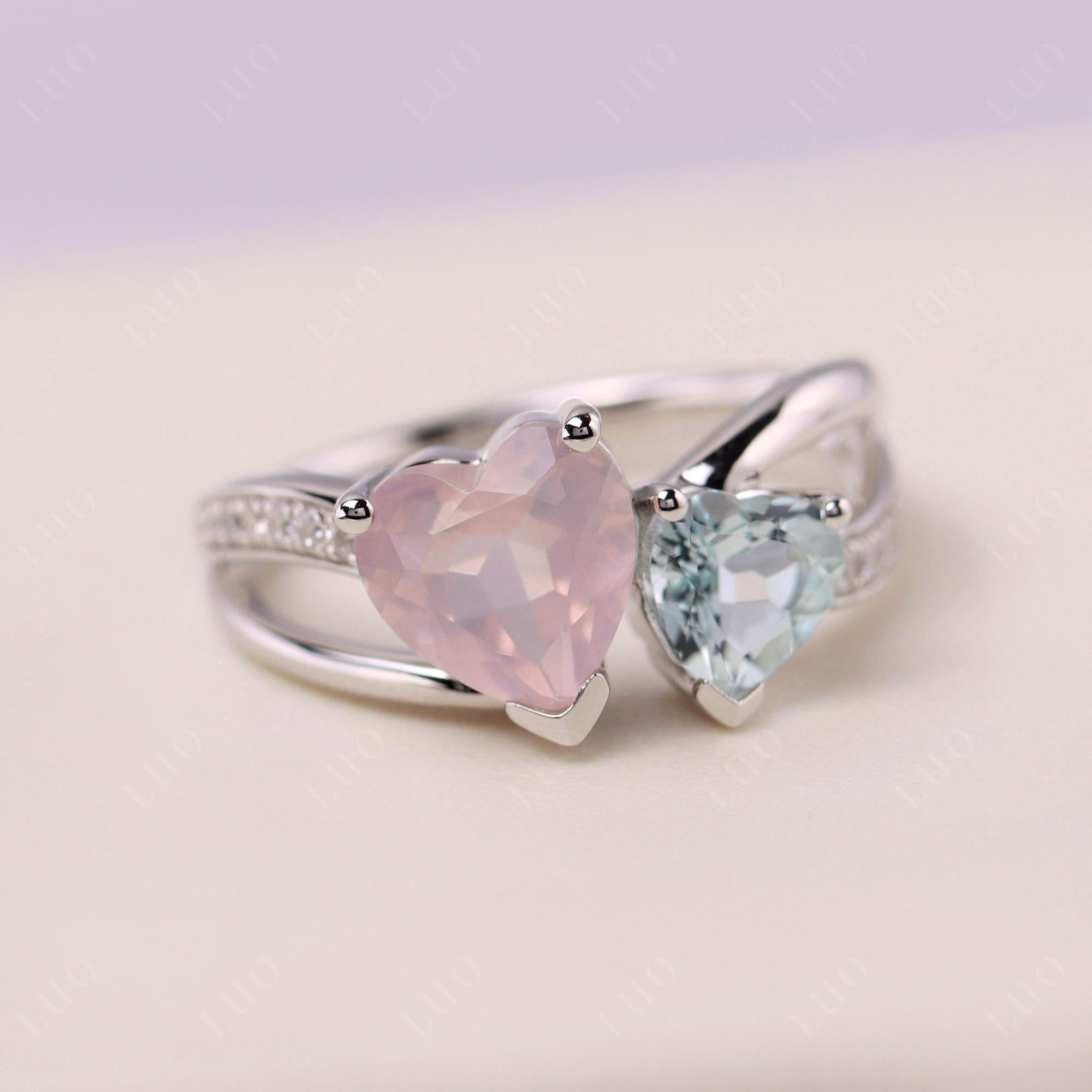 Heart Shaped Aquamarine and Rose Quartz Toi Et Moi Ring - LUO Jewelry