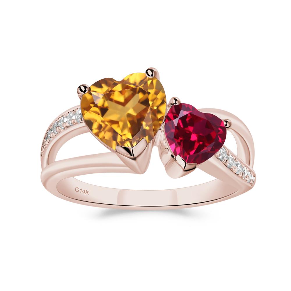 Heart Shaped Citrine and Ruby Toi Et Moi Ring - LUO Jewelry #metal_14k rose gold