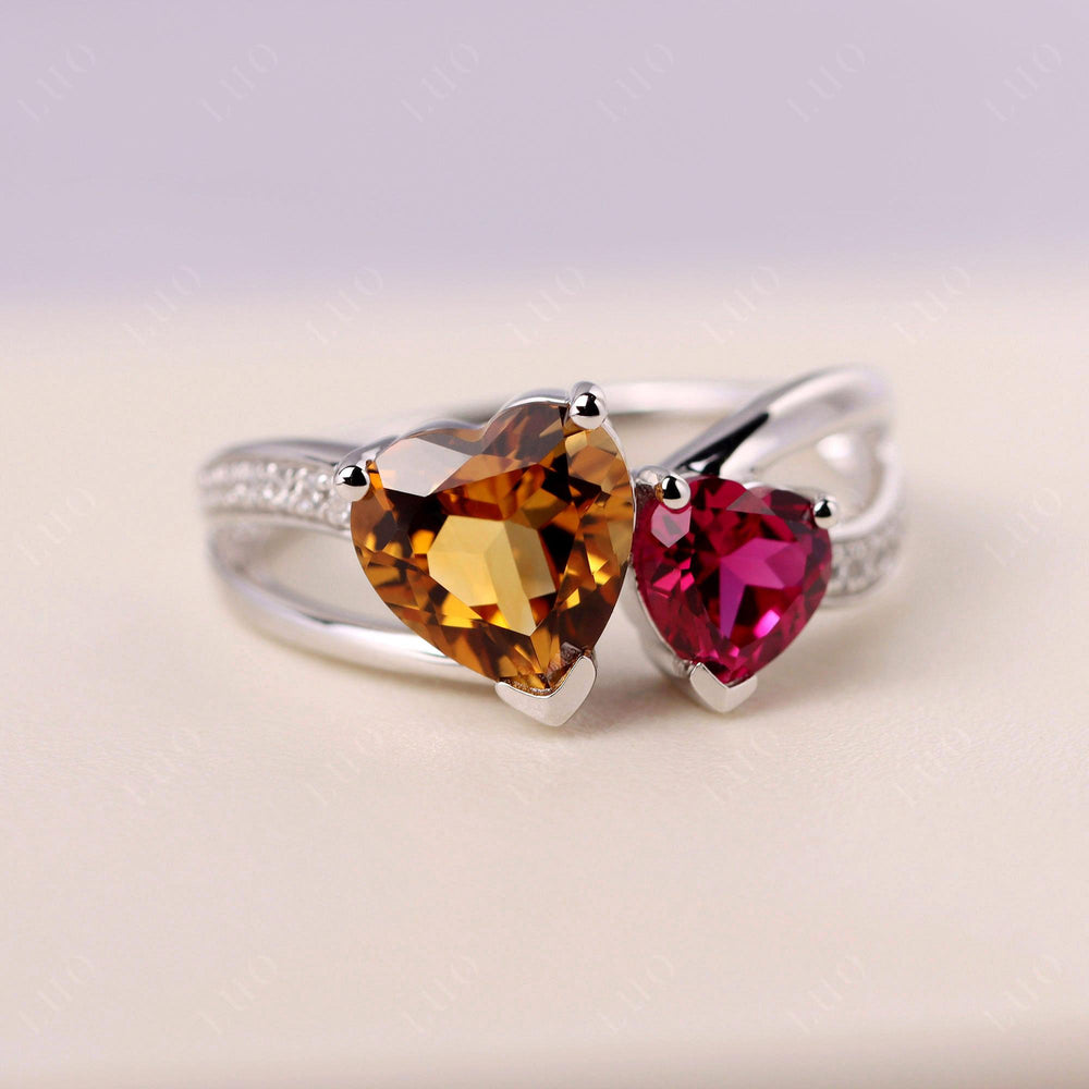 Heart Shaped Citrine and Lab Ruby Toi Et Moi Ring