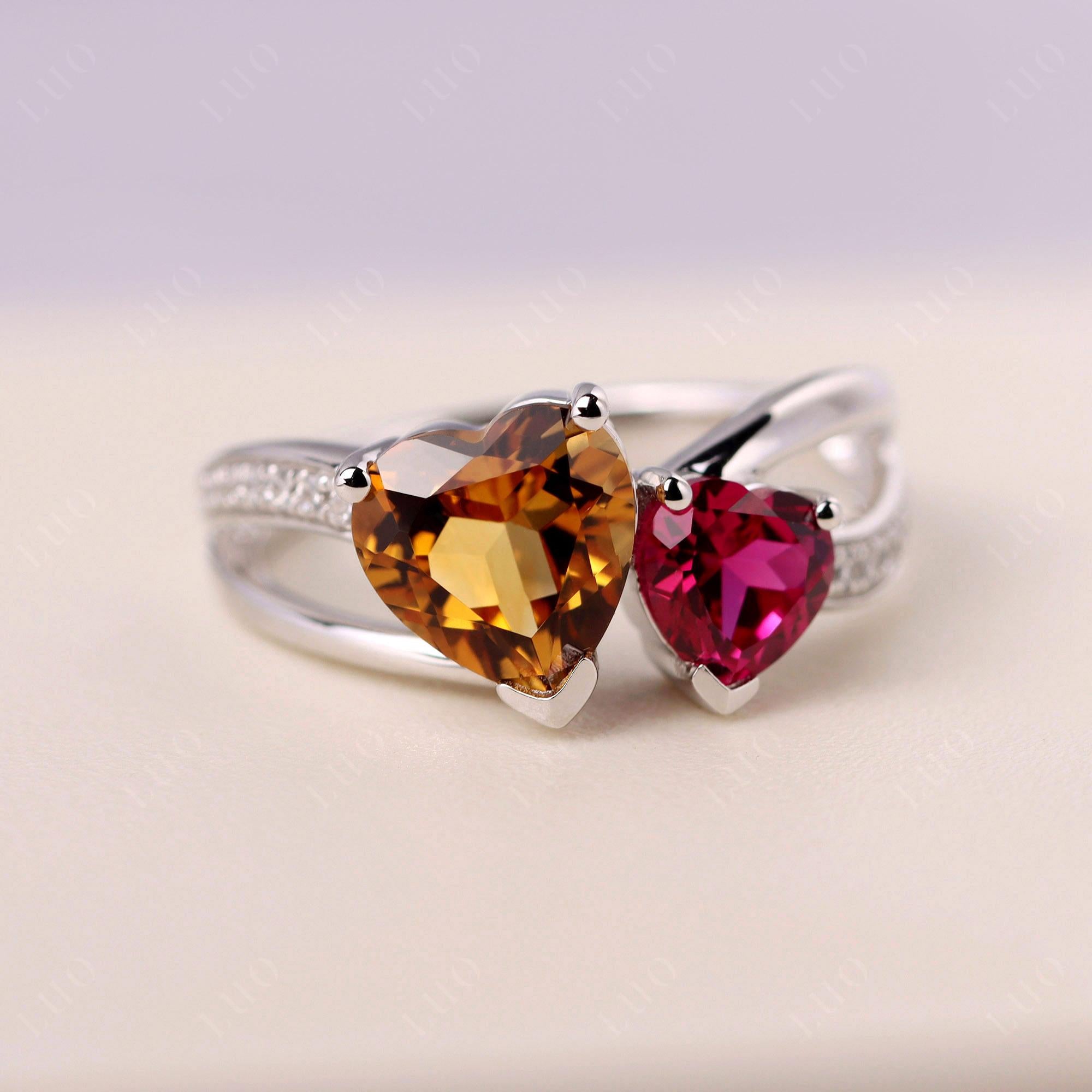 Heart Shaped Citrine and Ruby Toi Et Moi Ring - LUO Jewelry