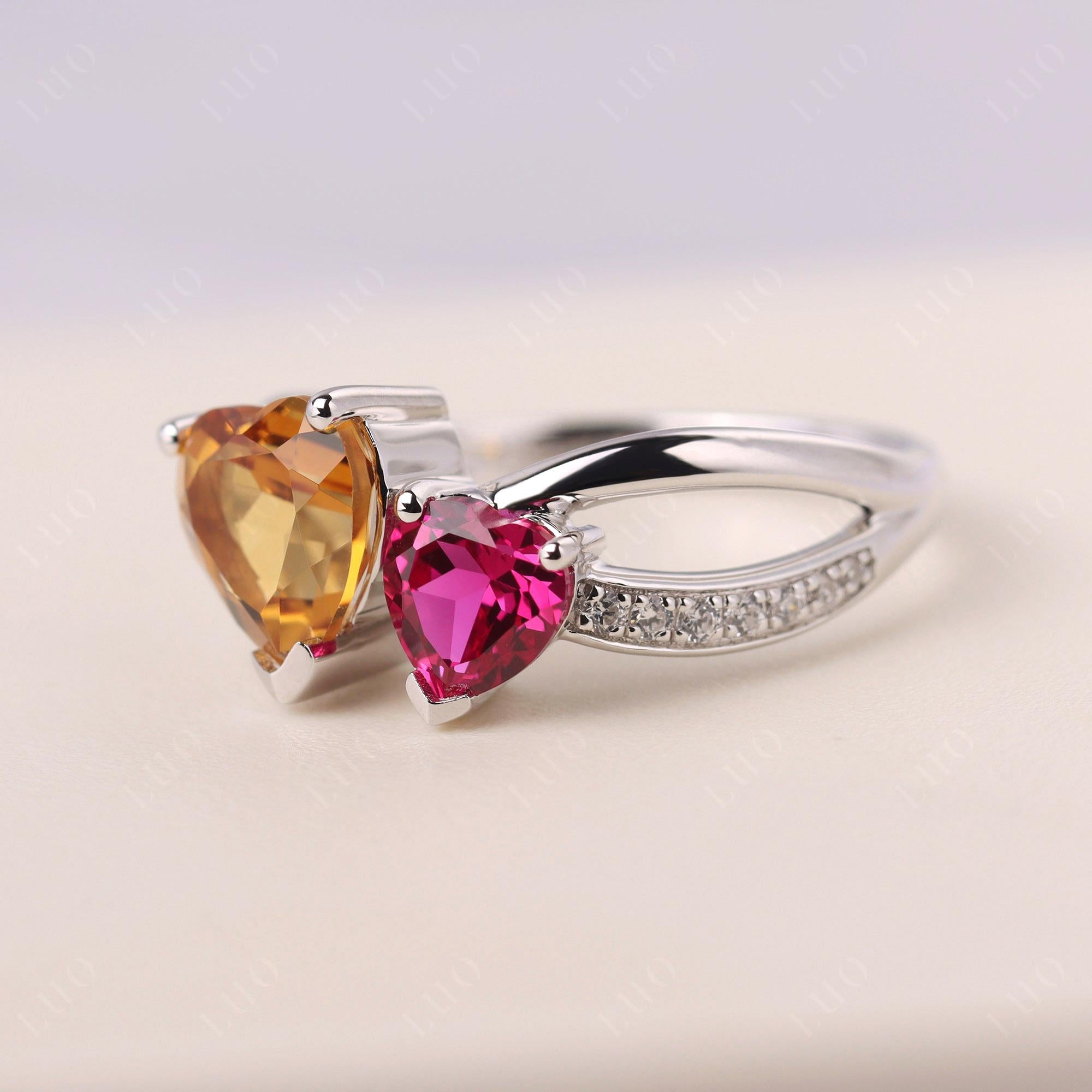 Heart Shaped Citrine and Ruby Toi Et Moi Ring - LUO Jewelry