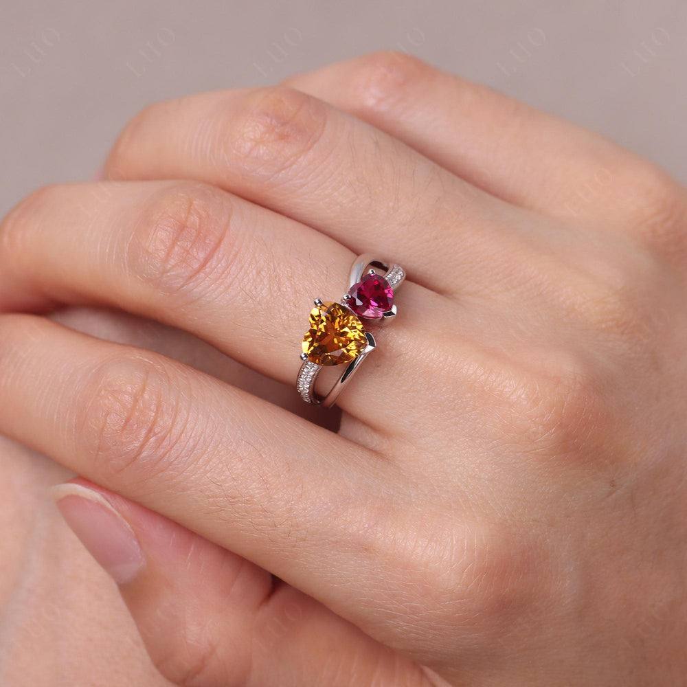Heart Shaped Citrine and Lab Ruby Toi Et Moi Ring