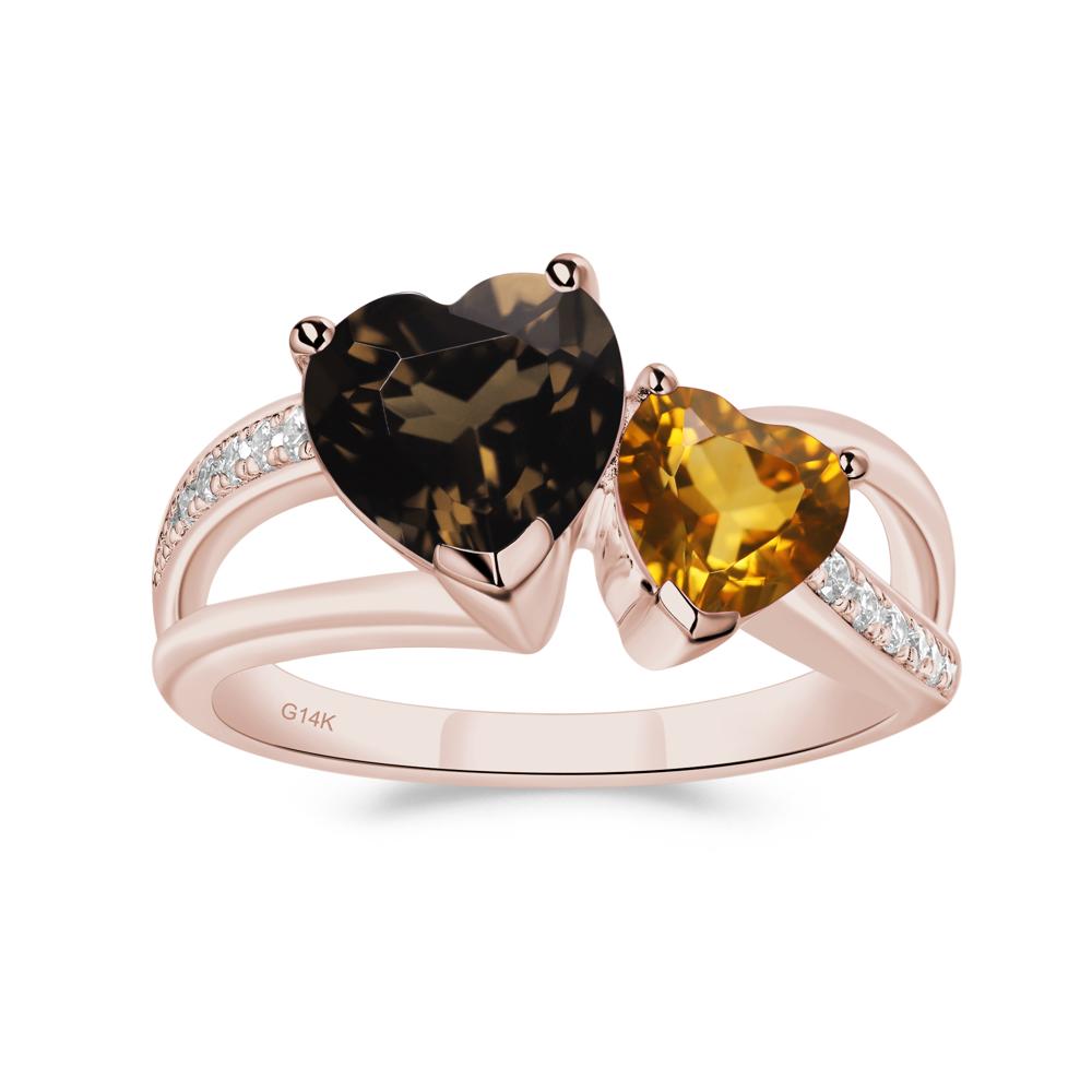 Heart Shaped Citrine and Smoky Quartz Toi Et Moi Ring - LUO Jewelry #metal_14k rose gold
