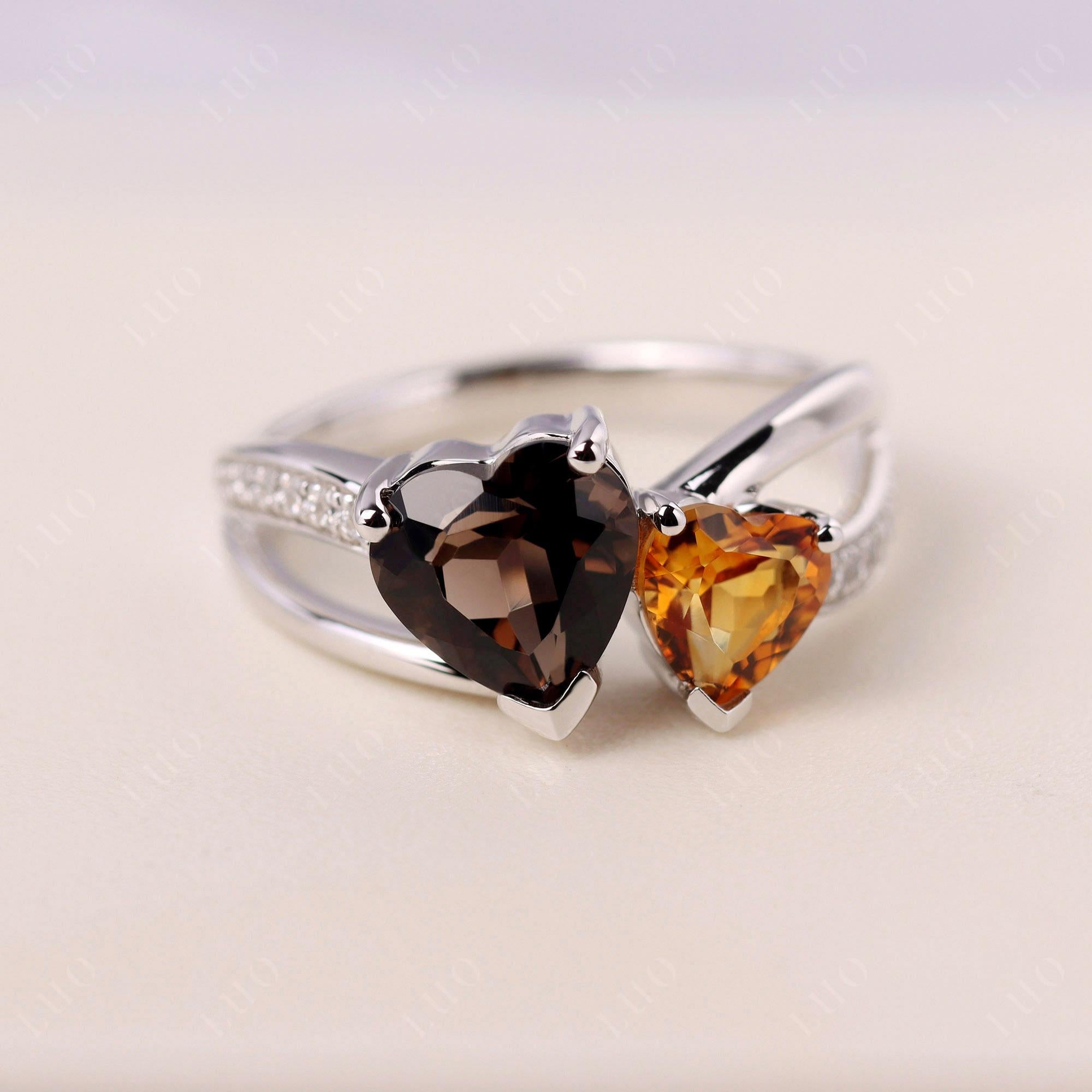 Heart Shaped Citrine and Smoky Quartz Toi Et Moi Ring - LUO Jewelry