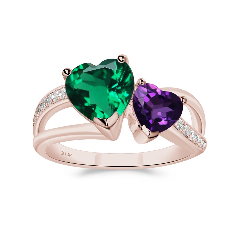 Heart Shaped Lab Grown Emerald and Amethyst Toi Et Moi Ring - LUO Jewelry #metal_14k rose gold